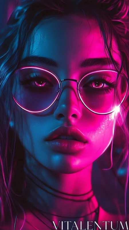 Neon lit portrait of woman in round glasses at night.