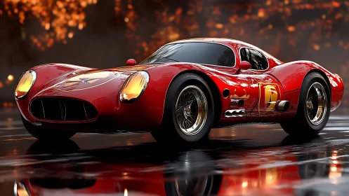 Curvy red race car gleams on wet pavement in warm light