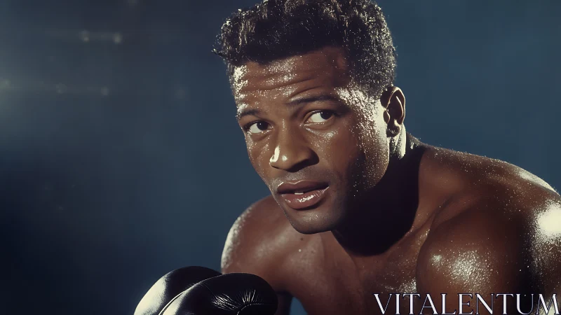Professional boxer in dramatic lighting, sweat glistening with focused intensity.