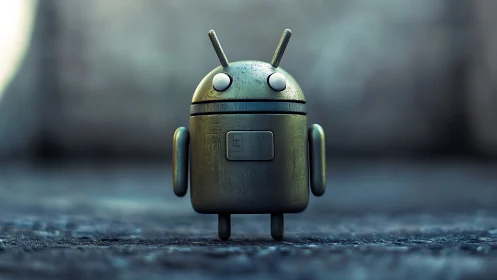 Weathered metallic mini-robot standing on textured ground