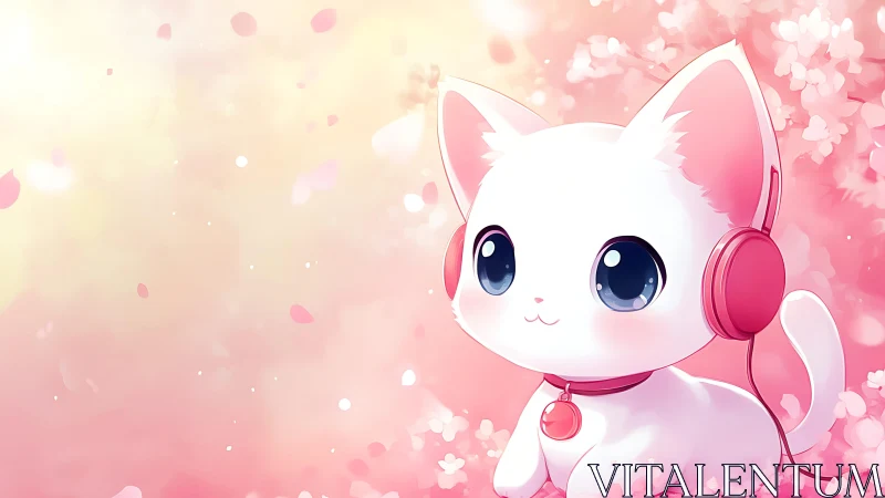 White cartoon cat wearing headphones on pink floral background.