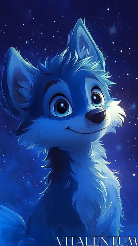 Luminous blue wolf pup under starfield with soft rim lighting.