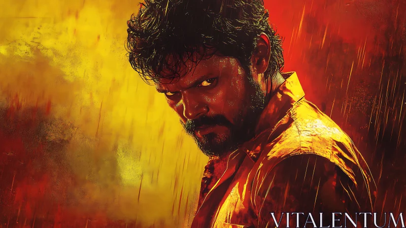 Intense man stares through rain in blazing red yellow storm