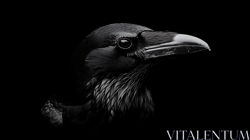 Dramatic close-up of a raven in dark monochrome style.