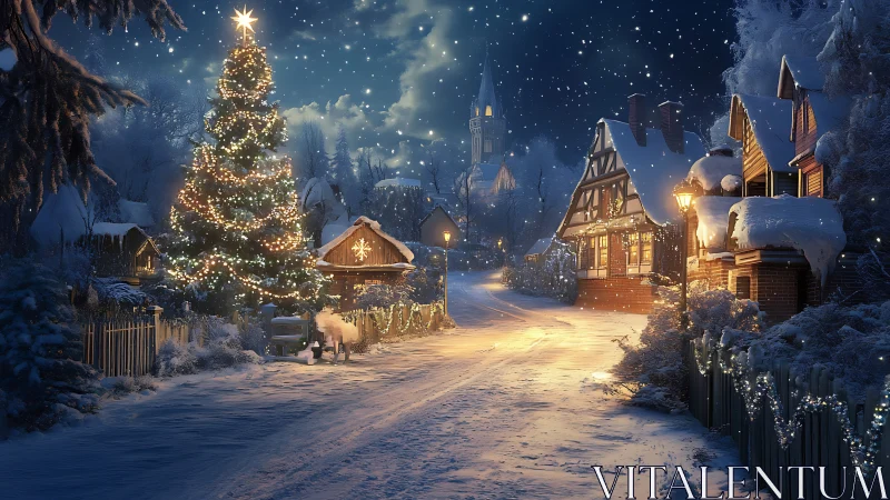 Snowy village street with illuminated Christmas tree.