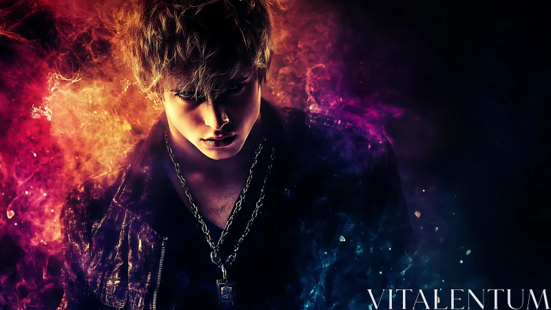 Moody portrait of young man in vivid abstract lighting.