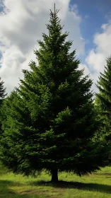 Sunlit evergreen tree standing quietly under soft clouds.