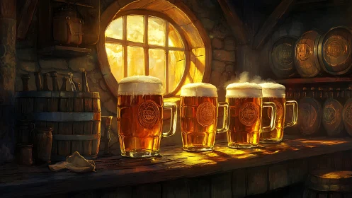 Golden lager tankards glowing in rustic tavern light.