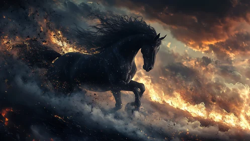 Mythic black stallion charges through infernal storm clouds