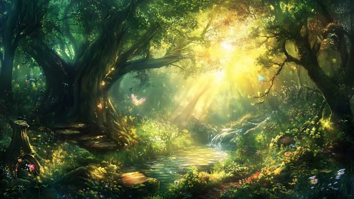 Enchanted Forest Stream with Golden Sunlight