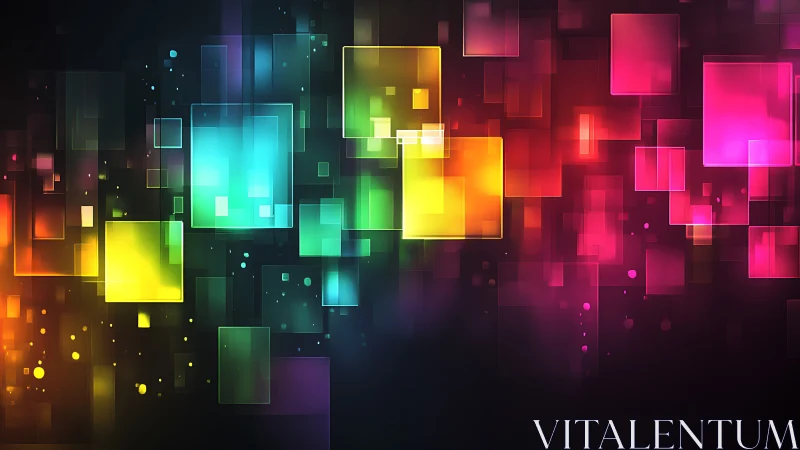 Vibrant neon squares forming glowing digital spectrum grid.