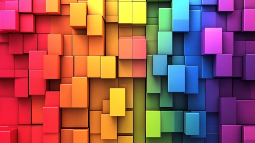 Colorful 3D blocks stacked in a playful rainbow wall.