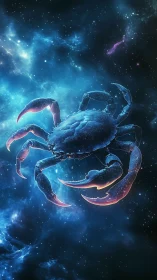 Crab-shaped nebula form floats within dense blue starfield