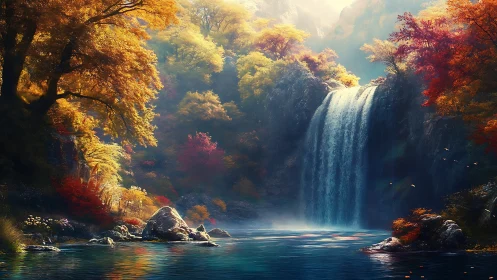 Golden forest waterfall drifting through autumn light.