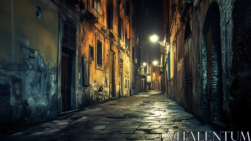 Rain-slicked historic alley glows under sparse streetlights
