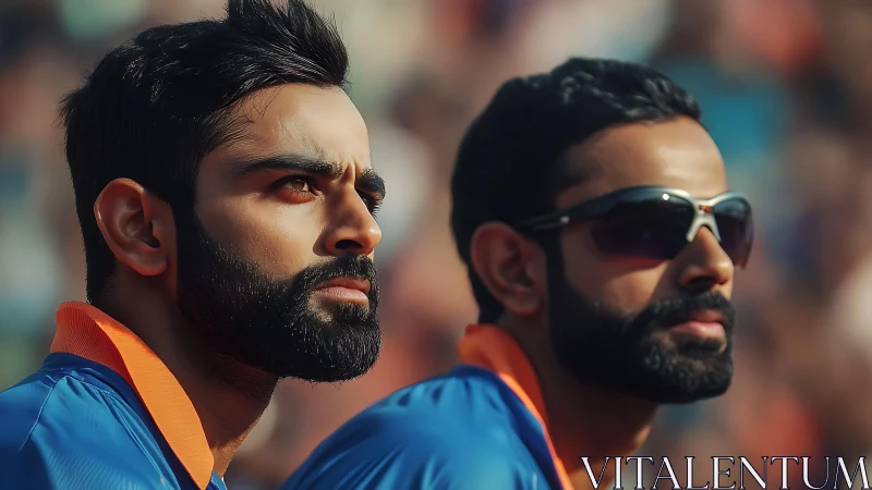 Two male athletes in blue jerseys observe the field closely