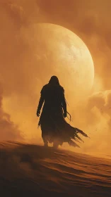 Hooded wanderer crosses burning dune under colossal moon.