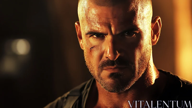 Battle-hardened warrior in molten-gold cinematic close-up.