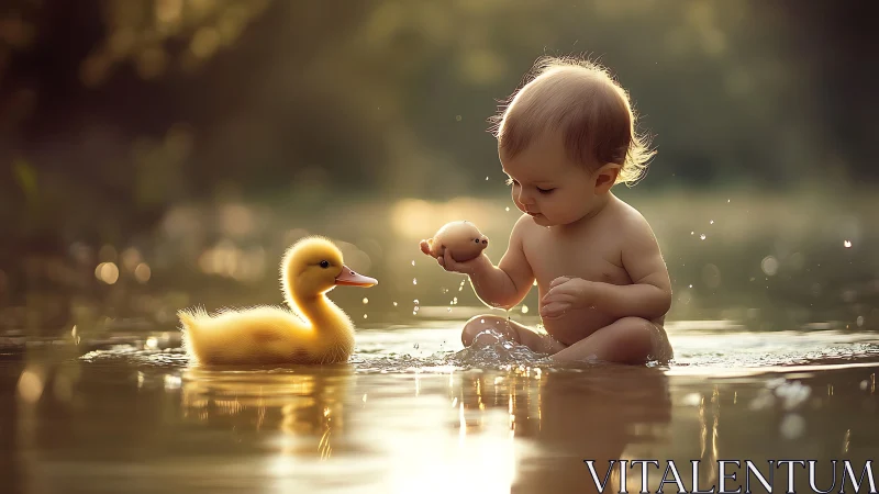 Photorealistic infant and duckling interaction in golden backlight.