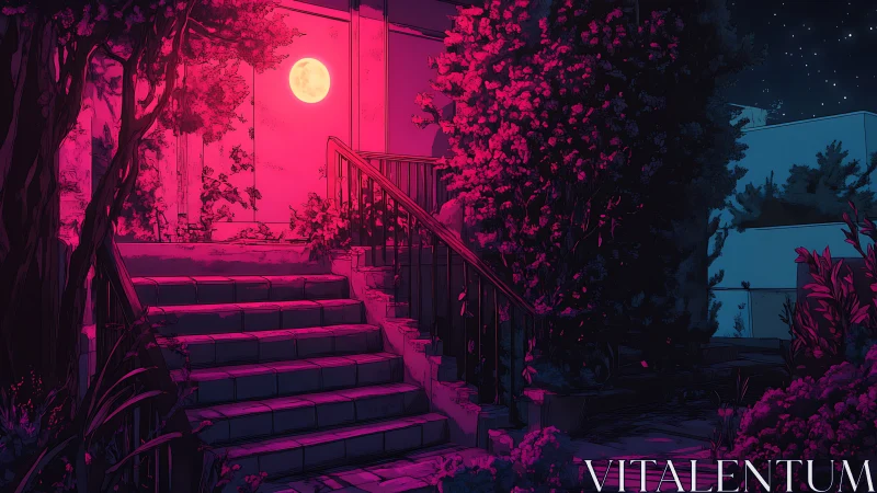 Moonlit garden staircase hums softly in neon magenta hush
