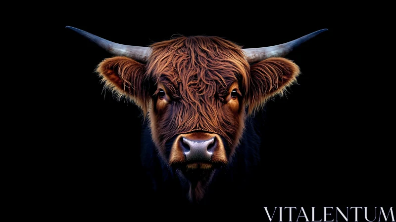 Highland cow portrait isolates detailed fur texture on black