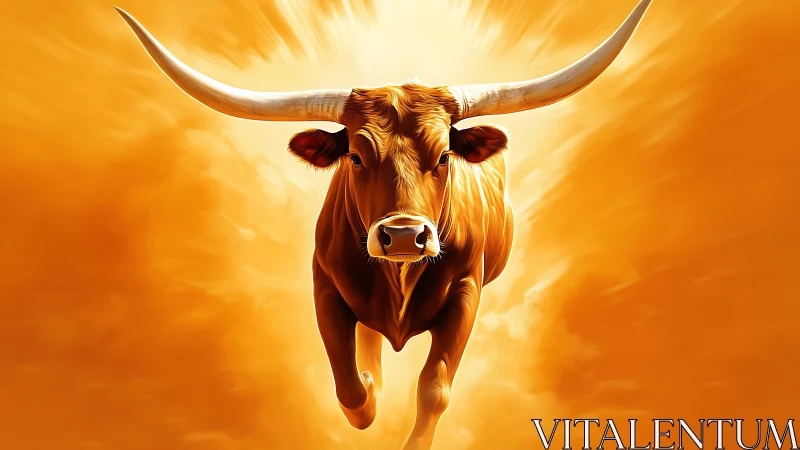 Solar-charged longhorn bull charging through molten dawn.