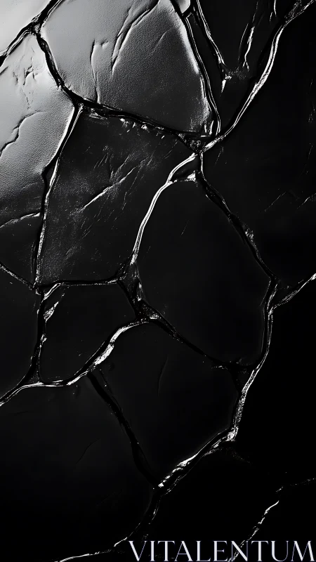 Dark cracked surface with reflective segmented texture pattern.
