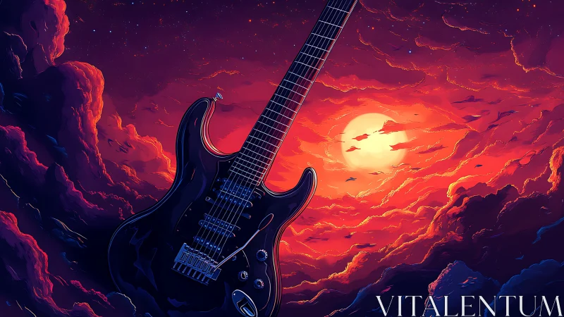 Electric guitar floating before vivid red cosmic sunset.