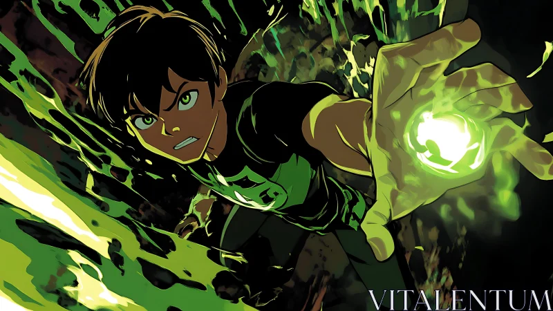 Youthful character extends glowing green energy sphere forward