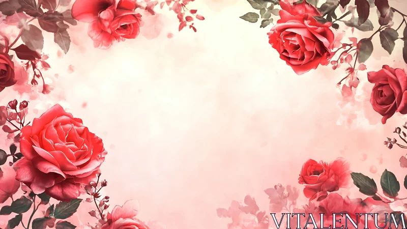 Crimson Roses Frame Soft Pink Gradient Background.