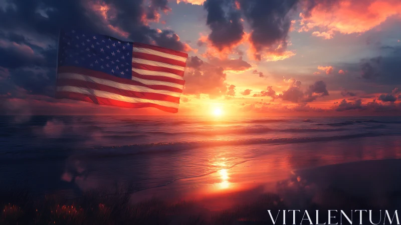 American flag composited over high-saturation ocean sunset scene