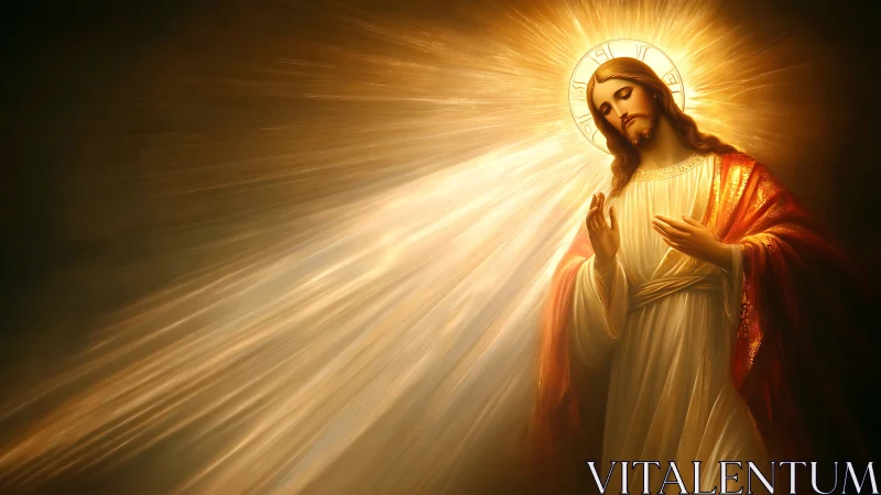 Radiant religious figure in golden light with glowing halo.