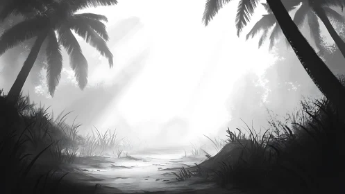 Misty Jungle Stream: Monochrome Wilderness Through Palm Fronds.