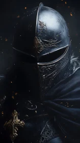 Dark armored knight stands in embers and shrouded mystery
