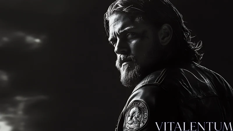 Brooding biker in dramatic monochrome portrait lighting.