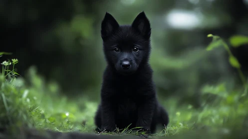 Black puppy sitting on grass in shallow depth of field portrait.