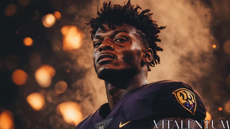 Confident football player stands tall in glowing stadium haze