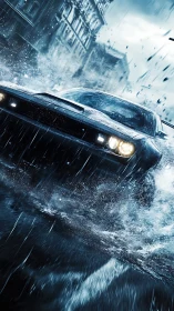 Muscle coupe aquaplaning through rain soaked urban boulevard
