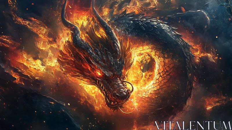Fiery cosmic dragon curling through swirling embers of night.