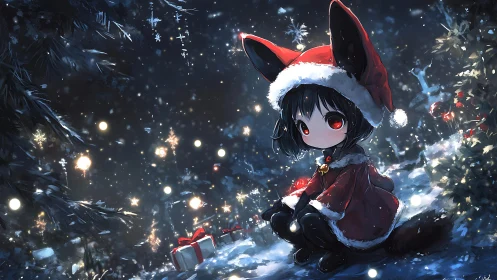 Soft winter magic surrounds a shy fox-eared child in red