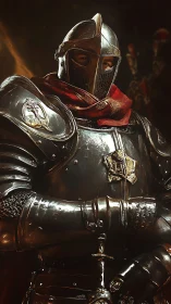 Armored medieval knight portrait in gleaming metal armor.