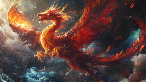 Fiery phoenix ascends through stormlit clouds in vivid detail.