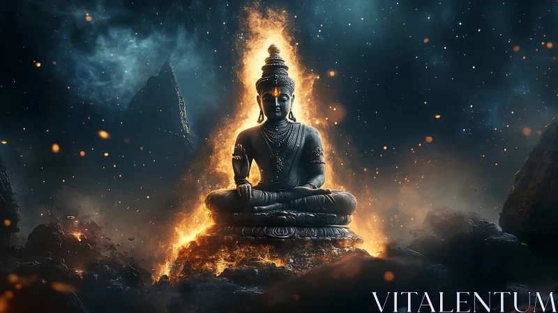 Cosmic ember Buddha meditating in a storm of starlit fire.