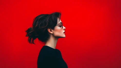 Profile portrait of woman in glasses against vivid red wall