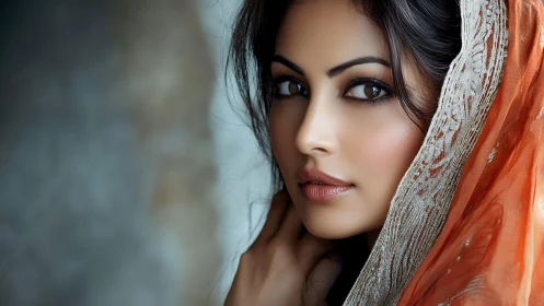 Graceful portrait in soft light with shimmering orange veil.