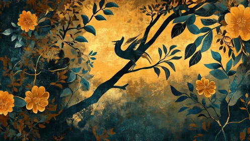 Golden songbird perches in luminous floral twilight canopy