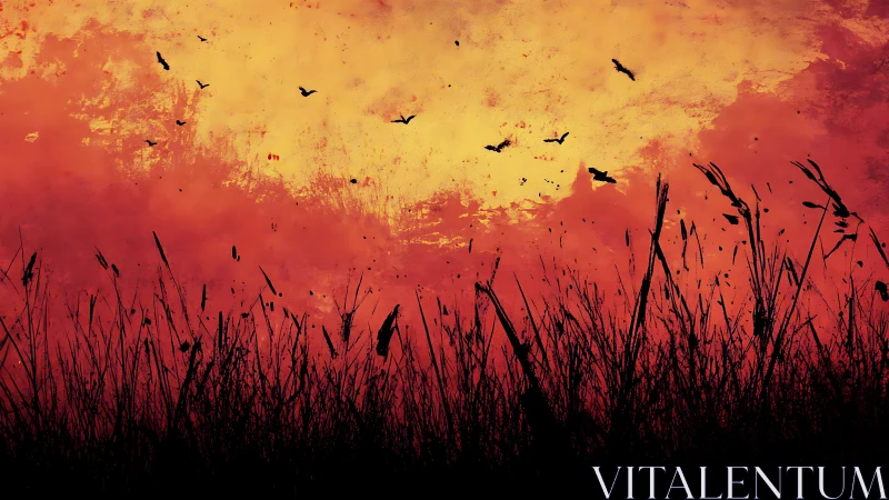 Silhouetted grasses and birds against intense red sunset sky.