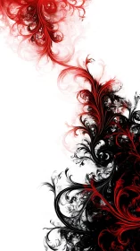 Red and black fractal plumes twisting on white field.