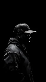 Midnight silhouette rapper carved from shards of light.