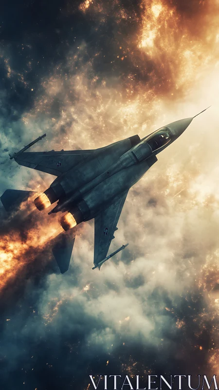 Military jet fighter ascending through explosive clouds and fire.